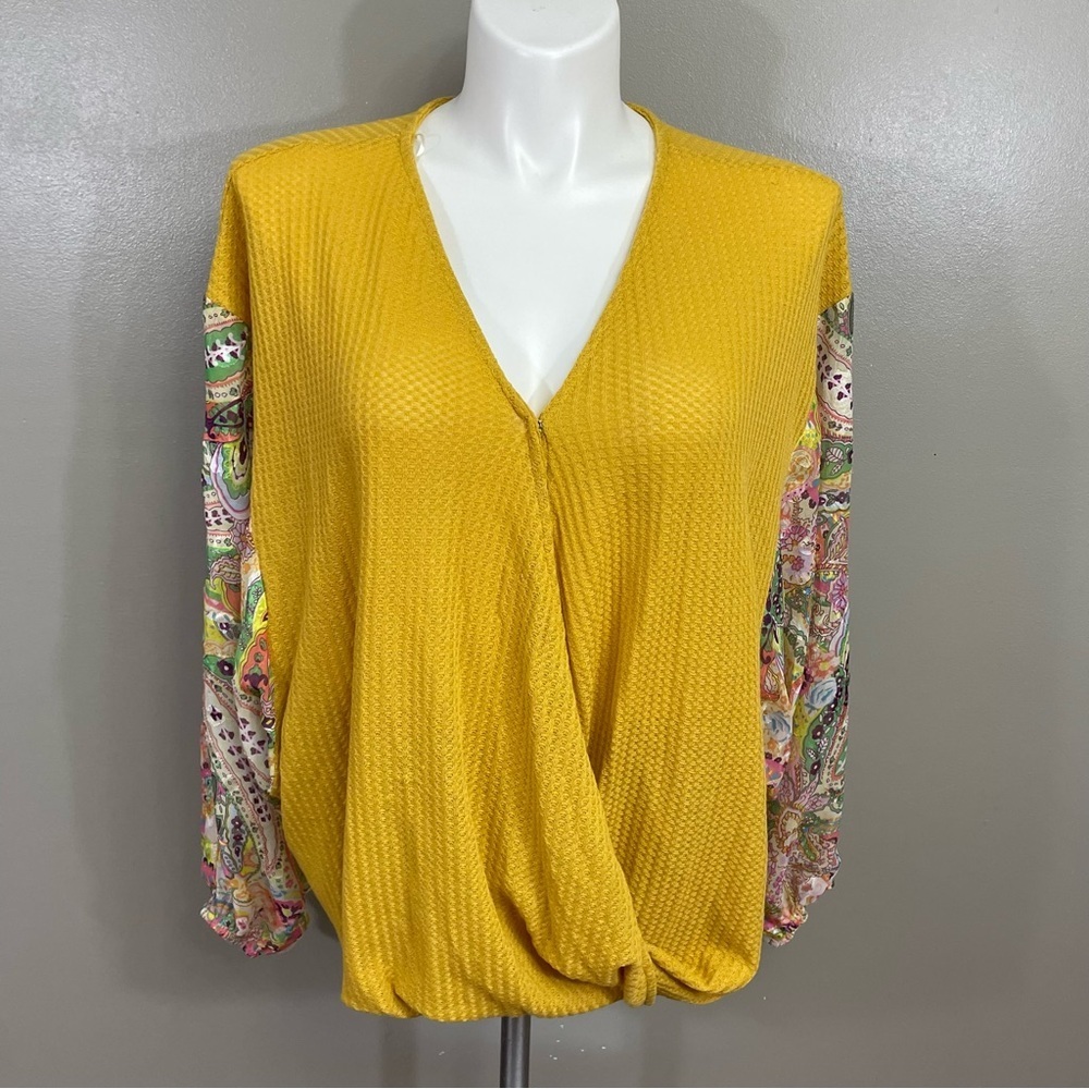 Umgee 1X Yellow Balloon sheer Puff Sleeve Boho Paisley Blouse